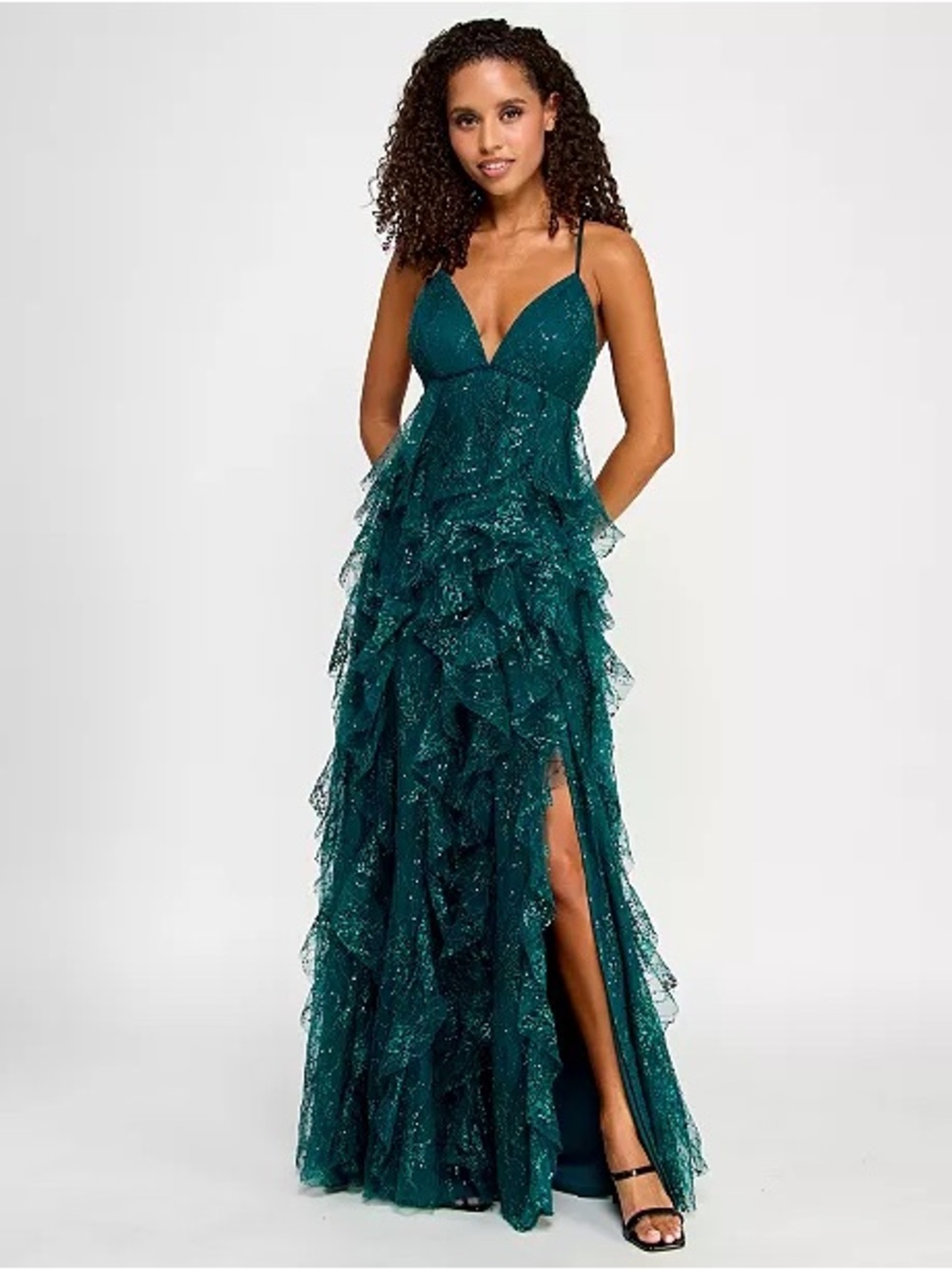 Pearl Culture Juniors' Sequin Lace Ruffled Ball Gown